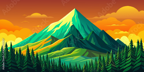 Amazing High green mountain in sunset time with spruce forest and blue sky in simple geometric form, nature tourism landscape background, travel mountains adventure illustration cartoon