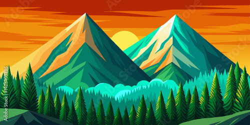 Amazing High green mountain in sunset time with spruce forest and blue sky in simple geometric form, nature tourism landscape background, travel mountains adventure illustration cartoon