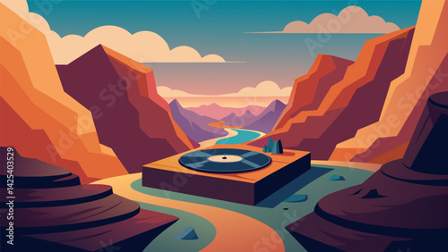 A record player is set up on a rocky outcrop overlooking a picturesque canyon the vinyl music perfectly complementing the sweeping vistas and rugged Vector illustration