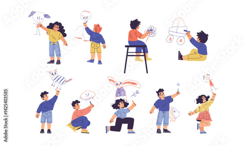 Children Drawing on Wall with Colorful Crayons Vector Illustration
