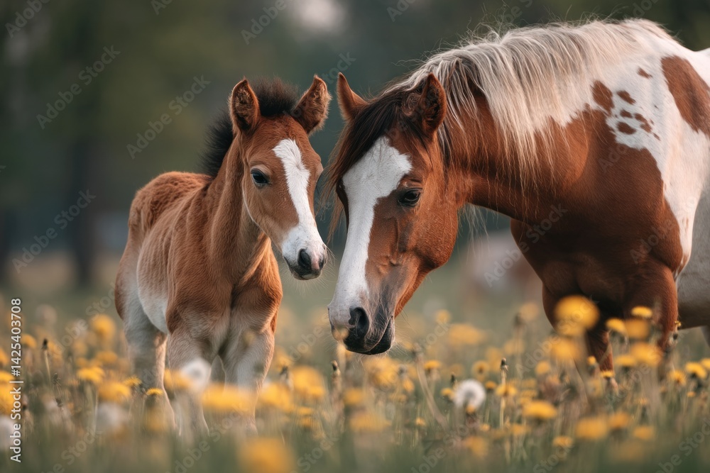 Fototapeta premium A little foal stands close to its mother, both enjoying a quiet moment together in a vibrant meadow filled with wildflowers during golden hour