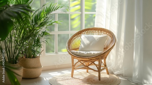 Serene Sunlight in a Cozy Room with a Wicker Chair