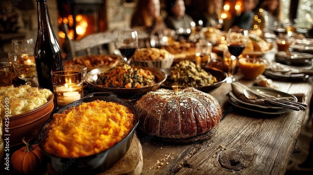 Fototapeta premium Thanksgiving feast, family gathering around a rustic table laden with dishes