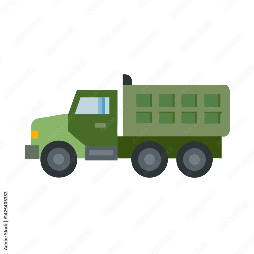 Flat vector military dump truck on black background