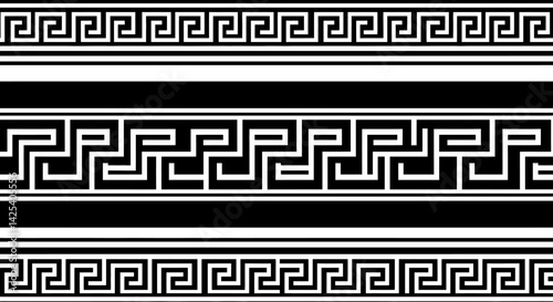A Greek key pattern design in black and white repeating across a horizontal plane