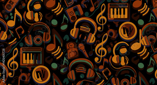A rhythmic tapestry of headphones notes keys and circles creating a dark melodic symphony