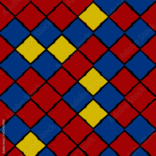 A vibrant harlequin pattern featuring red blue and yellow diamonds with a dark outlining
