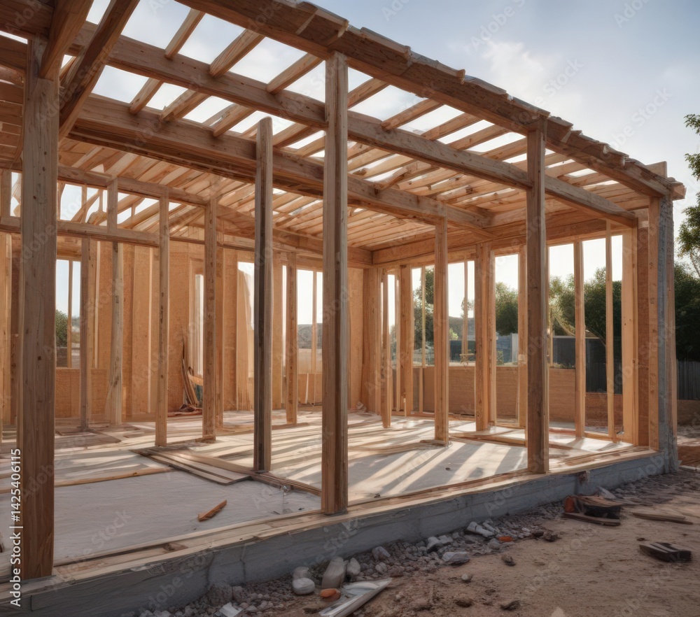 Obraz premium Modern home extension framing, under construction, residential, beams, new