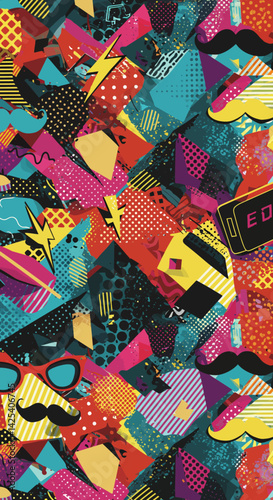 Colorful geometric shapes collide in a lively retro collage of mustaches sunglasses and lightning bolts