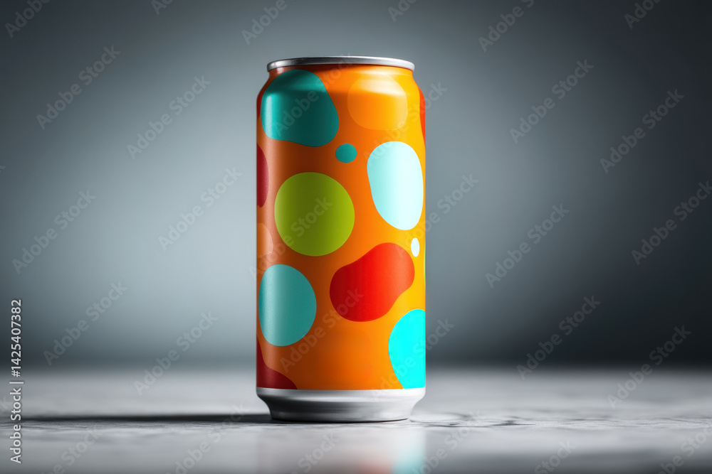 Bright orange soda can stands on a marble surface, adorned with colorful polka dots, illuminated by subtle, soft lighting Bright orange soda can stands on a marble surface, adorned with colorful polka dots, illuminated by subtle, soft lighting