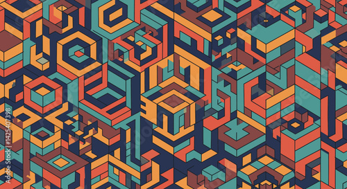 Isometric abstract composition with colorful geometric blocks layered in a repeating pattern
