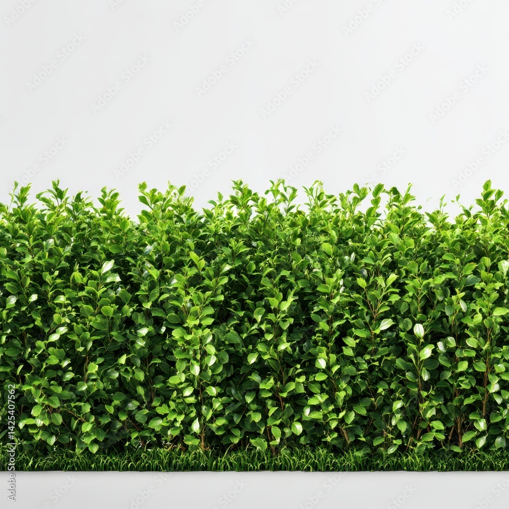 Close up of a lush green hedge with small leaves against a white backdrop