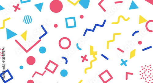 Playful abstract design with colorful shapes scattered across a white background