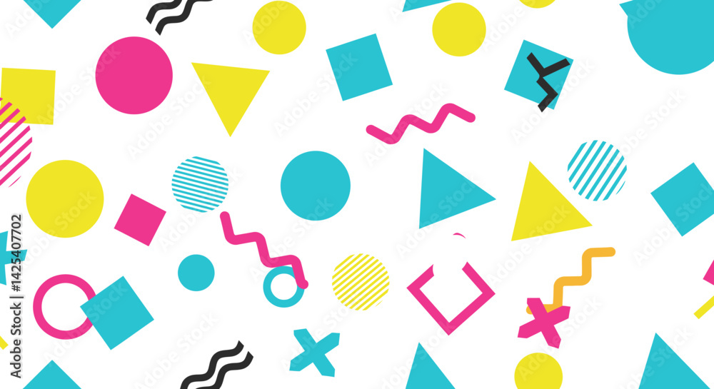 Playful geometric shapes in various colors are scattered across a clean white background Playful geometric shapes in various colors are scattered across a clean white background