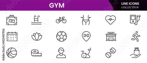 Gym and fitness icon set. It contains healthy lifestyle, weight training, body care, and workout or exercise equipment icons. Vector illustration web line icon collection 