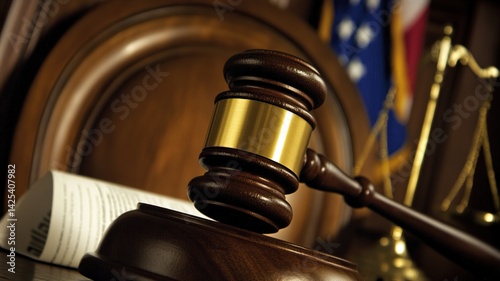 Gavel resting on legal documents with open law book, symbolizing justice system, court trial, legal authority and fair judgment concepts.
