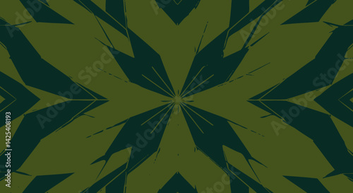 Symmetrical pattern of dark green abstract shapes resembling leaves or blades radiating from a central point on an olive green background