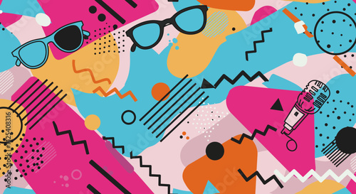 Vibrant retro abstract featuring sunglasses shapes and microphone with bold colors and 80s style