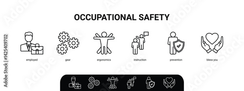 Banner Occupational safety icon web illustration concept with the icon of employed, gear, ergonomics, instruction, prevention and bless you