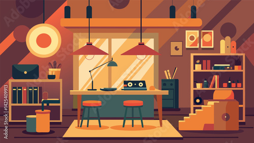 A cozy workshop setting with warm lighting and a welcoming atmosphere providing the perfect space for attendees to hone their skills in record Vector illustration