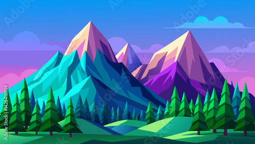Amazing High green mountain in evening time with spruce forest and blue sky in simple geometric form, nature tourism landscape background, travel mountains adventure illustration cartoon