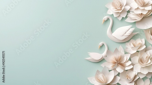Fototapeta Naklejka Na Ścianę i Meble -  Elegant paper art featuring white swans and beautiful floral designs on a soft blue background