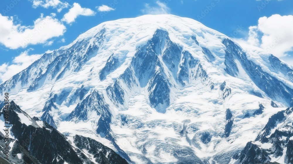 Fototapeta premium Snowy mountain peak under blue sky, some clouds visible