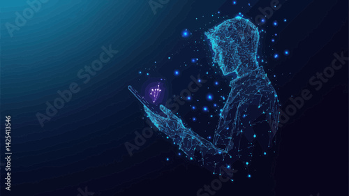 Futuristic Digital Businessman Using Chatbot App on Tablet: AI and Technology Innovation in Modern Business - Low Poly Wireframe Vector Illustration