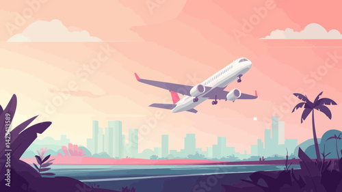 Flat design illustration of commercial airplane taking off with city skyline background and palm trees for travel and airline ticket banners
