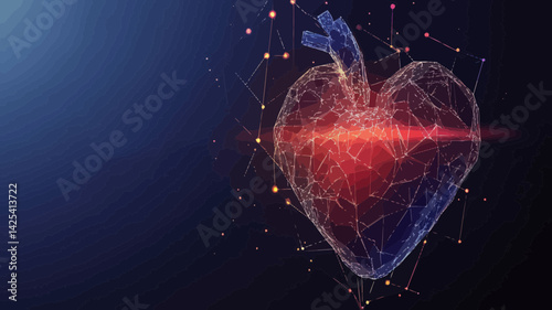 Polygonal 3D Human Heart with Pain Center, Medical Concept, Low Poly Wireframe, Abstract Heart Pain Origami, Dark Background, Medicine Geometry Triangle Vector