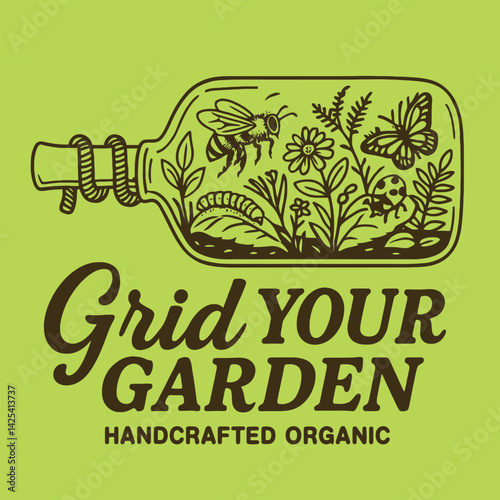Illustration of Garden Insects and Plants in Bottle Design