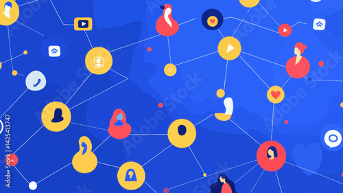 Colorful Vector Image Illustrating Social Media Network Connections and User Interactions - Digital Communication and Connectivity Concept