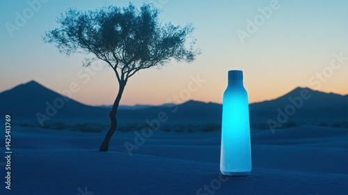 Glowing bottle desert sunset landscape