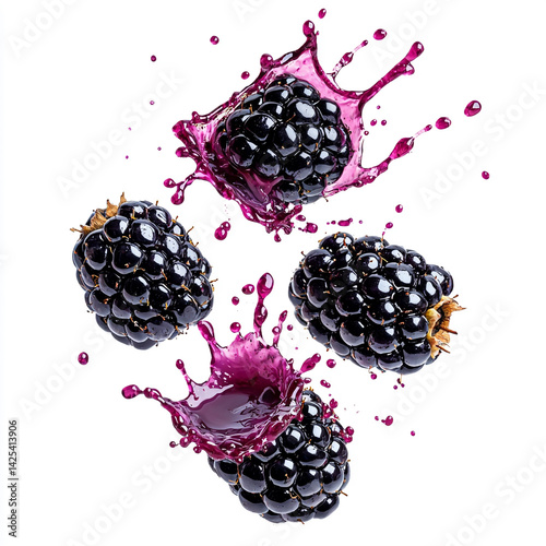 Blackberries with deep purple juice splashes, isolated on white background