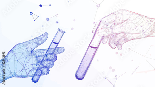 Digital Science and Analysis Concept with Low Poly Wireframe Test Tubes and Hands in Abstract Vector Art