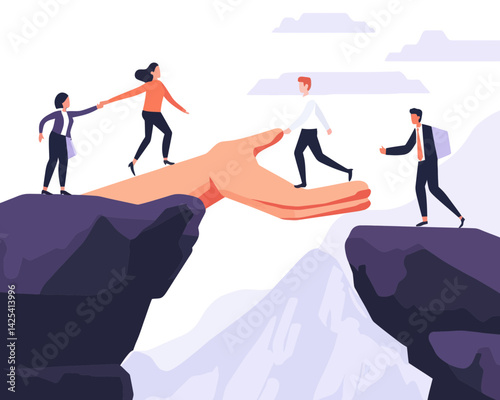 Mentorship Guidance and Leadership Helping Business Team Overcome Challenges for Success, Teamwork and Problem Solving Concept, Minimalist Vector Illustration