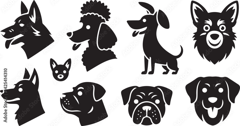 Fototapeta premium Dog Silhouette Vector Set Illustration, Canine Profile Collection, Pet Animal Graphic Design, Variety of Dog Poses and Shapes, Digital Art