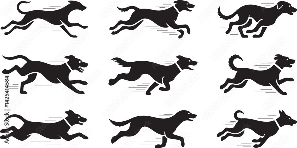Obraz premium Dog Silhouette Vector Set Illustration, Canine Profile Collection, Pet Animal Graphic Design, Variety of Dog Poses and Shapes, Digital Art