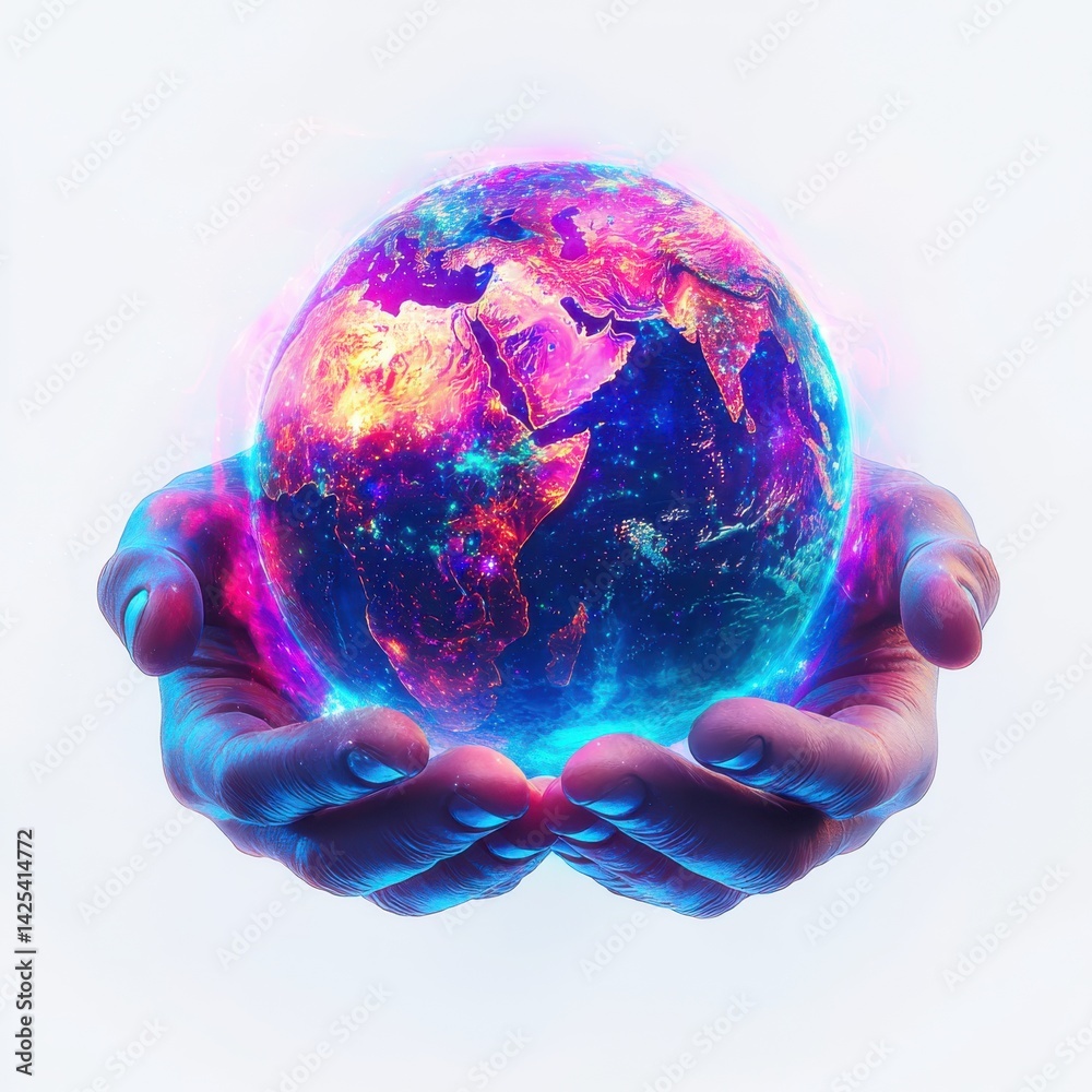 National Space Day A vibrant, artistic depiction of hands holding a glowing Earth globe.
