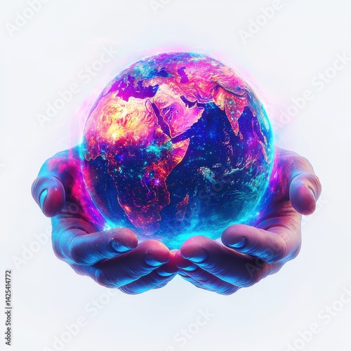 Obraz na płótnie National Space Day A vibrant, artistic depiction of hands holding a glowing Earth globe. w salonie