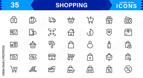 Modern Shopping Icon Set Vector Illustration. Featuring Essential Retail, E-commerce, and Shopping Cart Symbols