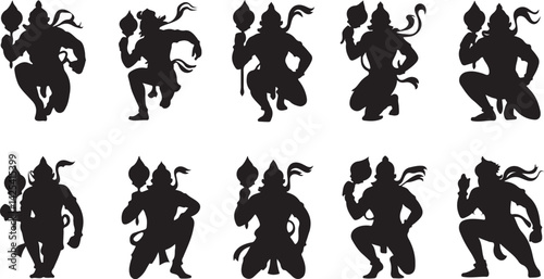 Hanuman Silhouette Vector Art, Spiritual Indian God Illustration, Sun Backdrop Design, Mythology Pose Icons, Cultural Hindu Graphic Collection