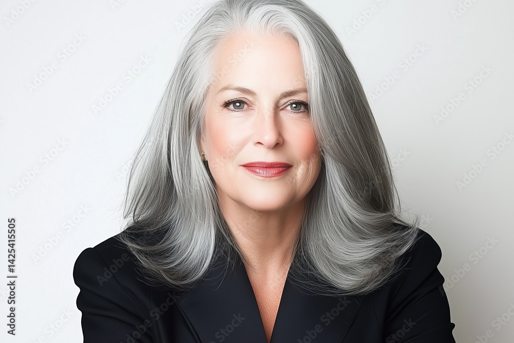 Naklejka premium A mature woman with beautiful grey hair in a professional portrait, exuding confidence