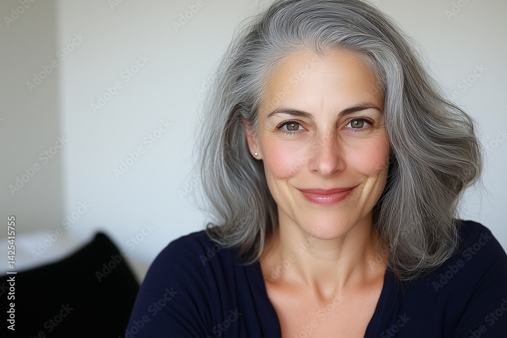 A portrait of a beautiful woman with a warm, genuine smile. Her silver-grey hair frames her face with elegance, showcasing her natural beauty and confidence. Her clear. A portrait of a beautiful woman with a warm, genuine smile. Her silver-grey hair frames her face with elegance, showcasing her natural beauty and confidence. Her clear.