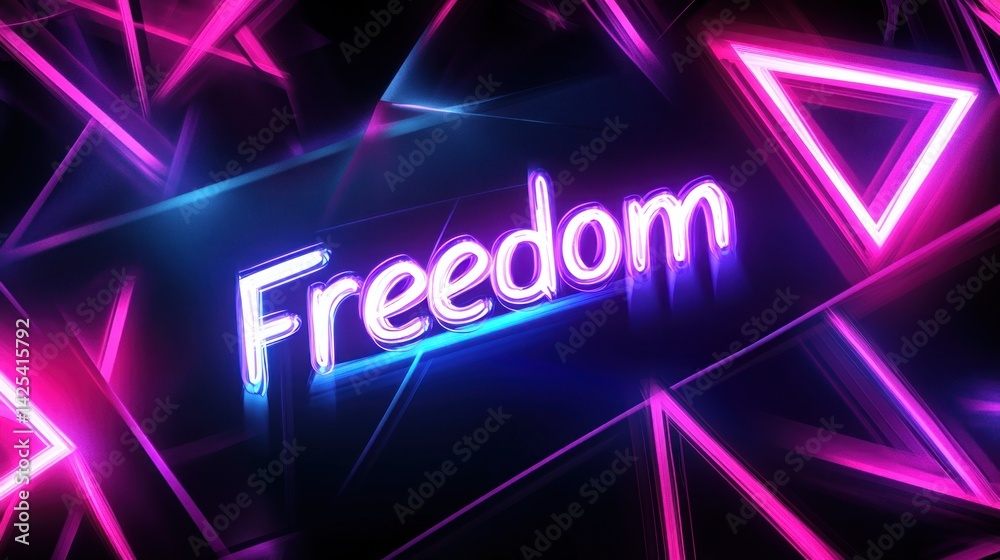Obraz premium Neon Freedom sign, triangle backdrop, digital art