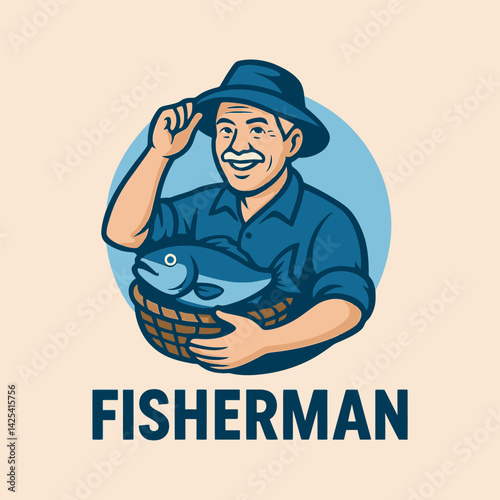 Happy Fisherman Holding Fish in Basket Illustration Style Drawing