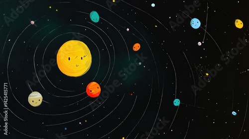 Cartoonish solar system, planets orbiting a happy sun, cosmic illustration