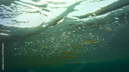 Microplatics In Water. Plastic Fragments Or Particles In Ocean. Ocean Pollution