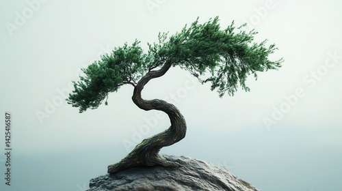 Graceful bonsai tree atop a rock against a misty backdrop.