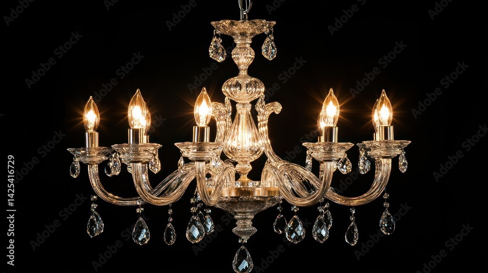 Elegant crystal chandelier radiating light against a stark black background Elegant crystal chandelier radiating light against a stark black background
